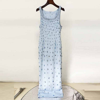 Light Blue Rain Drop Beads Embroidered Dress Long Evening Gown
