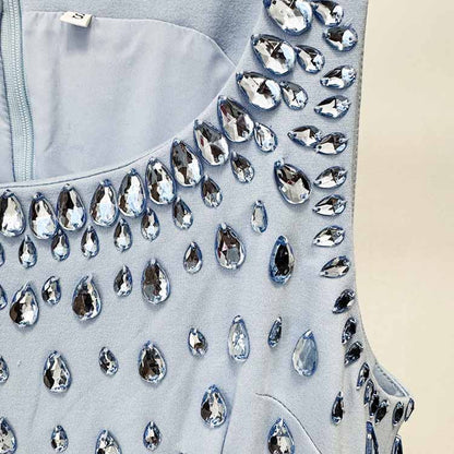 Light Blue Rain Drop Beads Embroidered Dress Long Evening Gown