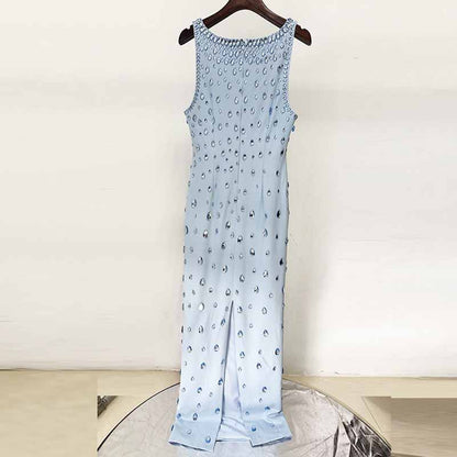 Light Blue Rain Drop Beads Embroidered Dress Long Evening Gown