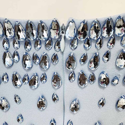 Light Blue Rain Drop Beads Embroidered Dress Long Evening Gown