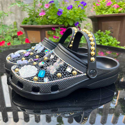 Womens Closed Toe Clog Shoes Rhinestone Beads Mules Sparkly Slip on Sandals