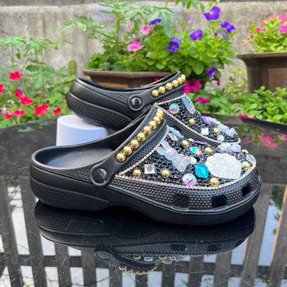 Womens Closed Toe Clog Shoes Rhinestone Beads Mules Sparkly Slip on Sandals
