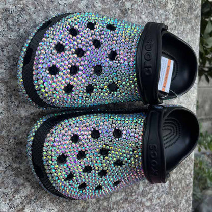 Women Crocs Closed Toe Clog Shoes Rhinestone Beads Mules Slip on Sandals Black