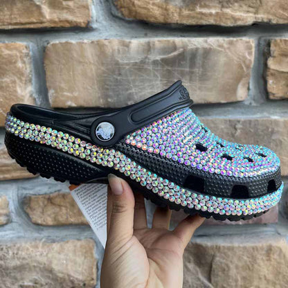 Women Crocs Closed Toe Clog Shoes Rhinestone Beads Mules Slip on Sandals Black