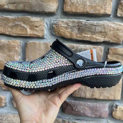 Women Crocs Closed Toe Clog Shoes Rhinestone Beads Mules Slip on Sandals Black