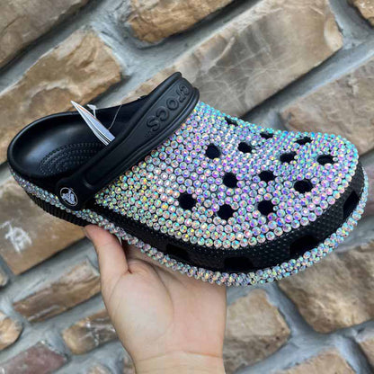 Women Crocs Closed Toe Clog Shoes Rhinestone Beads Mules Slip on Sandals Black