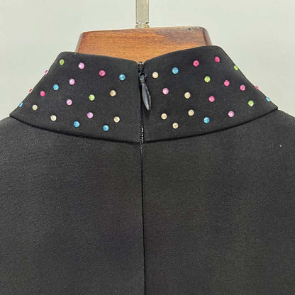 Back view of a black beaded crystal mini dress featuring colorful bead embellishments on the collar