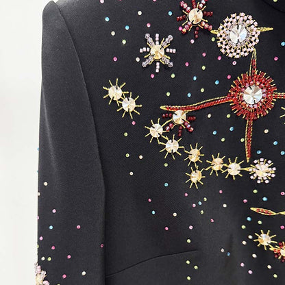 Elegant black beaded crystal mini dress featuring colorful embellishments for a stylish evening look