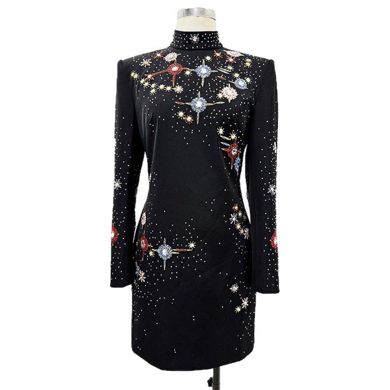 Stylish black beaded crystal mini dress with intricate star patterns and long sleeves