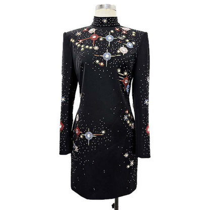 Stylish black beaded crystal mini dress with intricate star patterns and long sleeves