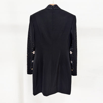 Back view of a stylish black beaded crystal mini dress with embellished sleeves and a sleek silhouette