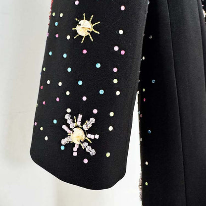 Stunning black beaded crystal mini dress featuring colorful embellishments for a vibrant look