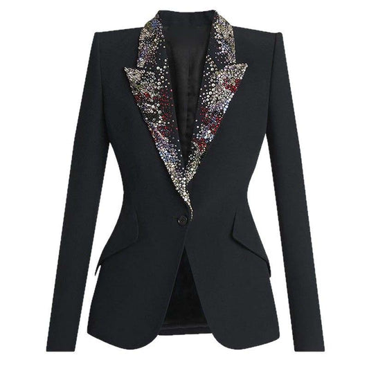 One Button Black Blazer with Beaded Collar For Women