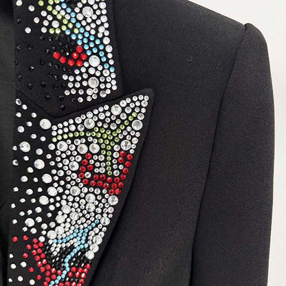 One Button Black Blazer with Beaded Collar For Women