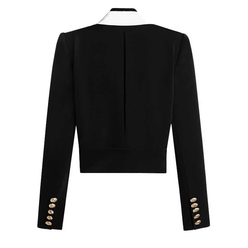 Stylish black blazer with white collar for women featuring unique lapels and buttoned cuffs