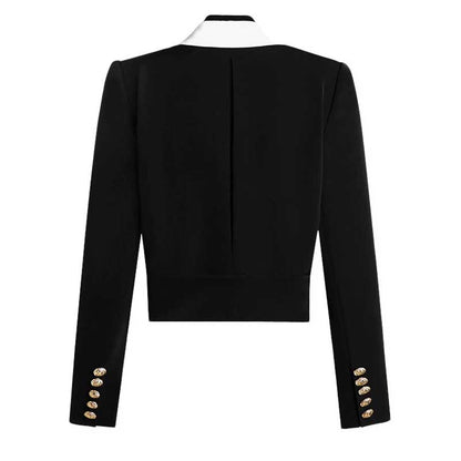 Stylish black blazer with white collar for women featuring unique lapels and buttoned cuffs
