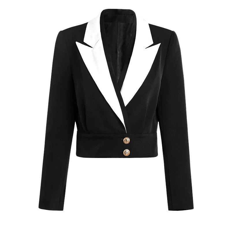 Stylish black blazer with white collar for women featuring a cropped design and double button closure