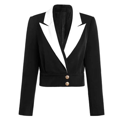 Elegant black blazer with white collar for women, perfect for formal occasions and stylish outfits
