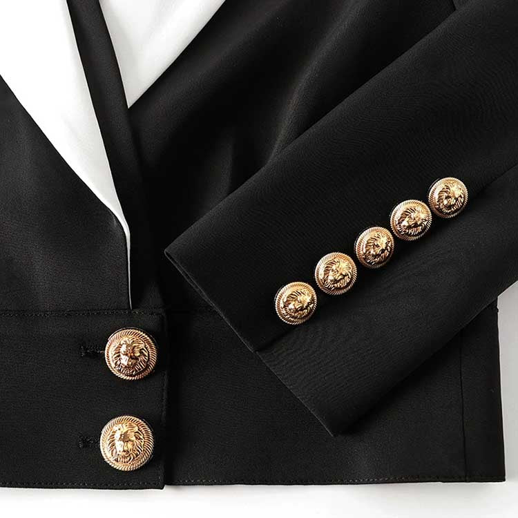 Stylish black blazer with white collar for women, featuring a contemporary design and fitted silhouette