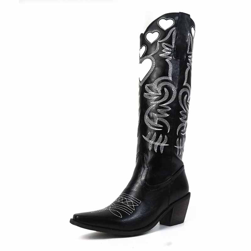 Black embroidered cowgirl boots for women with heart designs and a stylish heel