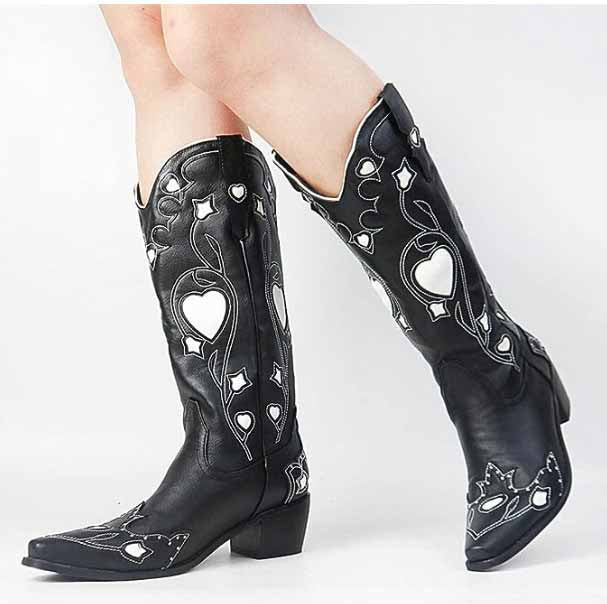 Stylish black embroidered cowgirl boots for women featuring decorative heart designs and a comfortable fit