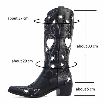 Black embroidered cowgirl boots for women with heart designs and a stylish silhouette