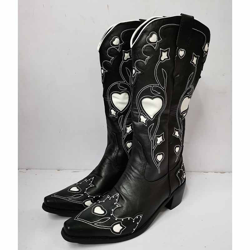 Stylish black embroidered cowgirl boots for women with heart designs and pointed toes