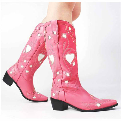 Pink cowgirl boots with heart embroidery for women featuring a stylish western design