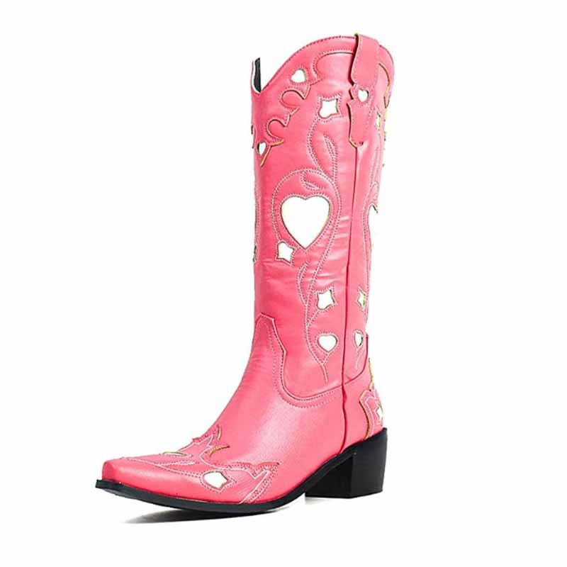 Pink cowgirl boots with heart cutouts and embroidered details for a stylish western look