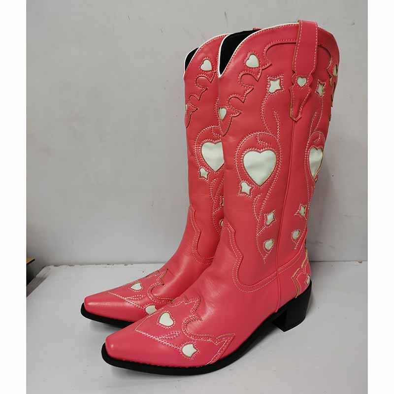 Pink cowgirl boots with heart-shaped embroidery for women, stylish and vibrant design