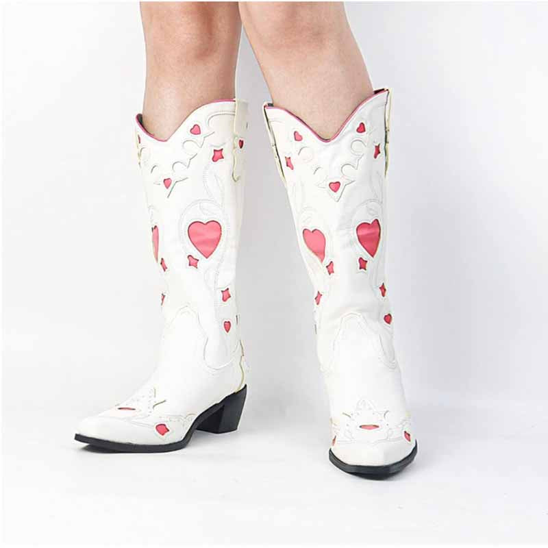 White cowgirl boots with red heart designs, stylish and unique for women