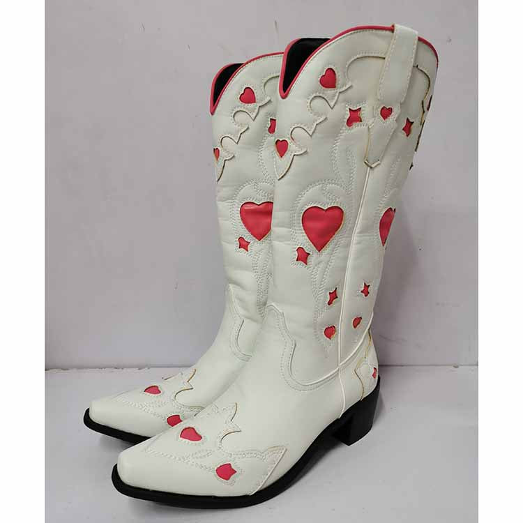 Stylish white cowgirl boots with pink hearts, perfect for adding flair to outfits