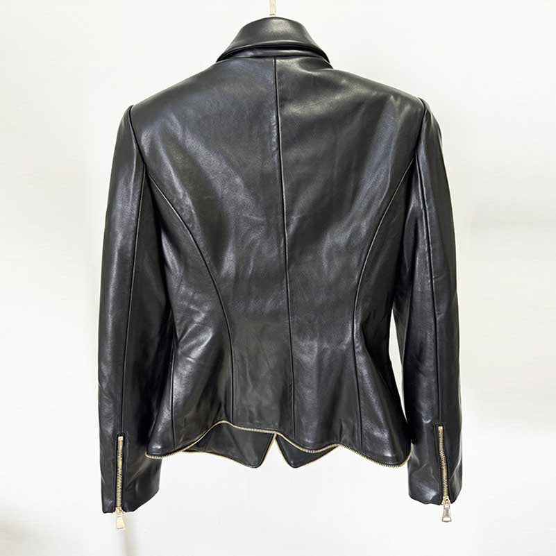 Back view of a black fitted leather jacket with zippers featuring a stylish design for a chic look