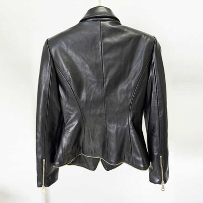 Back view of a black fitted leather jacket with zippers featuring a stylish design for a chic look