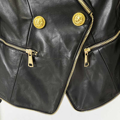 Stylish black fitted leather jacket with zippers and gold decorative buttons for a chic look