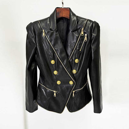Stylish black fitted leather jacket with zippers and gold buttons for a chic look