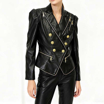 Stylish black fitted leather jacket with zippers featuring double-breasted design and gold buttons