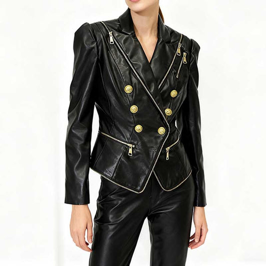 Stylish black fitted leather jacket with zippers featuring double-breasted design and gold buttons