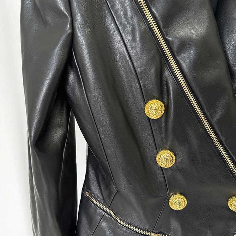 Stylish black fitted leather jacket with zippers and gold detailing for a chic look