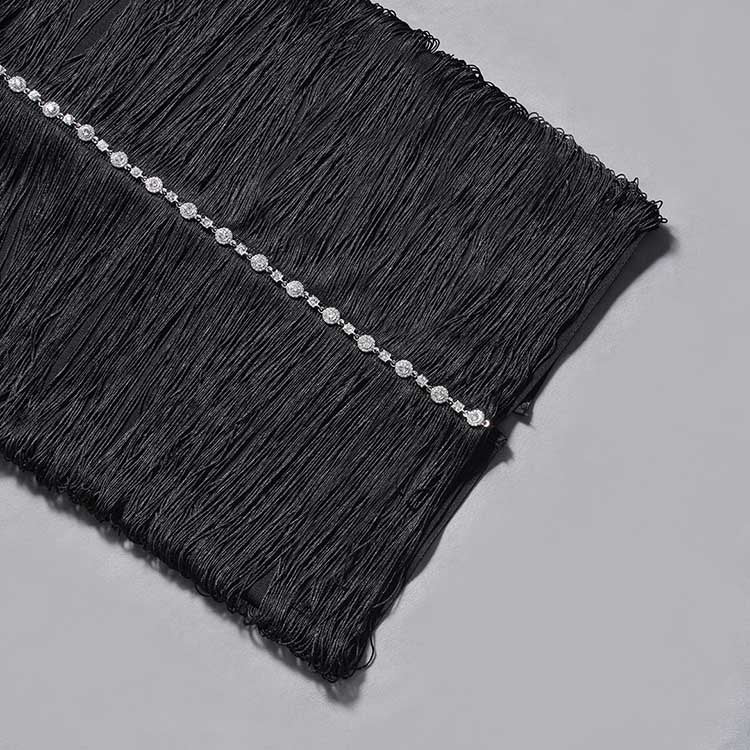 Elegant black halter neck rhinestone dress with shimmering rhinestone detail along the neckline