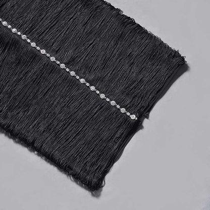 Elegant black halter neck rhinestone dress with shimmering rhinestone detail along the neckline