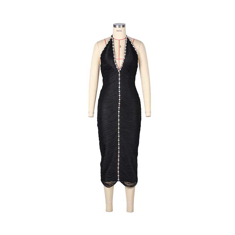 Elegant black halter neck rhinestone dress featuring a fitted silhouette and delicate detailing