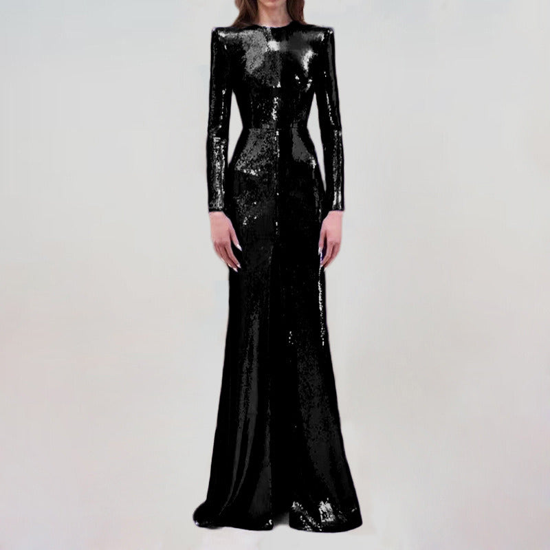 Black long sleeve high neck sequin maxi dress with front slit for formal events