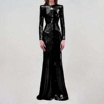 Black long sleeve high neck sequin maxi dress with front slit for formal events