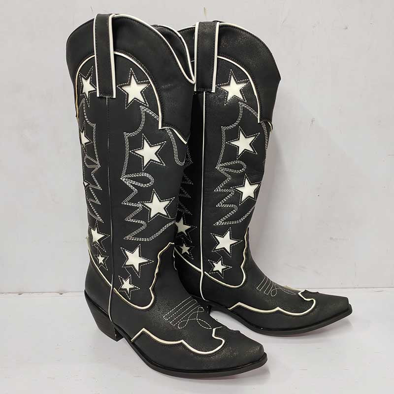 SD Dresscode black star embroidered cowboy boots with stylish white stitching and classic design