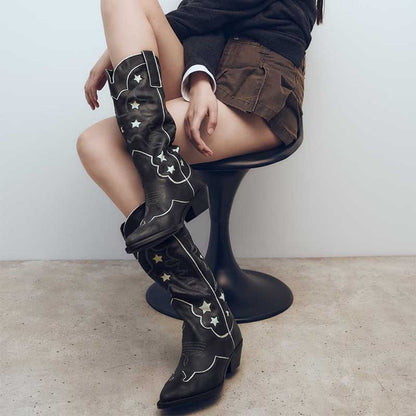 Stylish black star embroidered cowboy boots with eye-catching design perfect for fashion-forward outfits