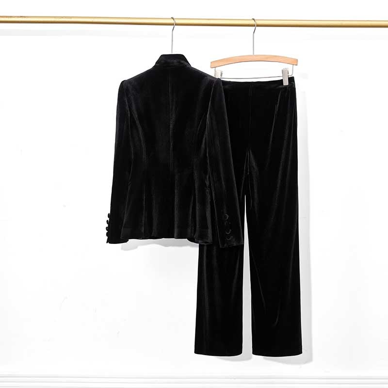 Elegant black velvet pantsuit for women featuring a tailored blazer and wide-leg pants