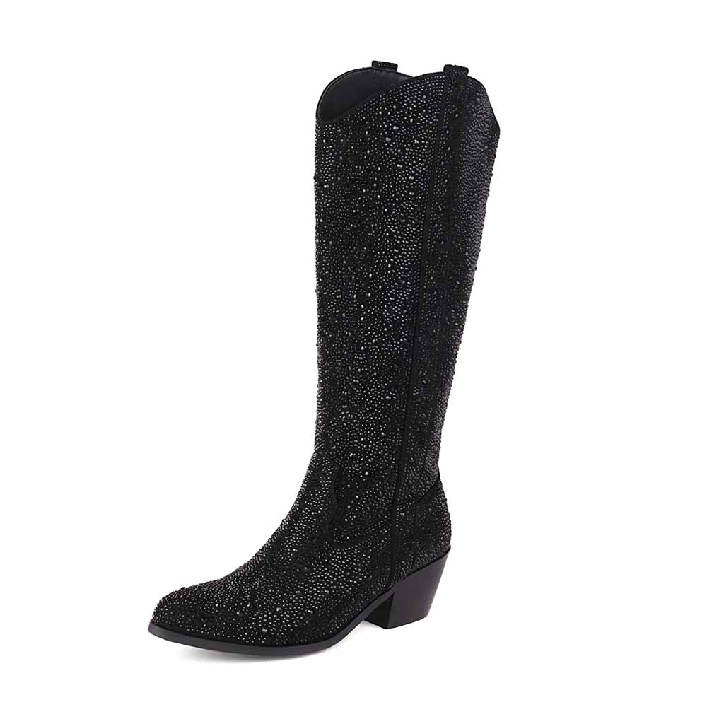 Shiny Rhinestone Western Cowboy Knee High Boots Sparkly Chunky Block Heel Boots