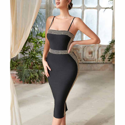 Women Sleeveless Spaghetti Party Dress Black Split Evening Cocktail Dress