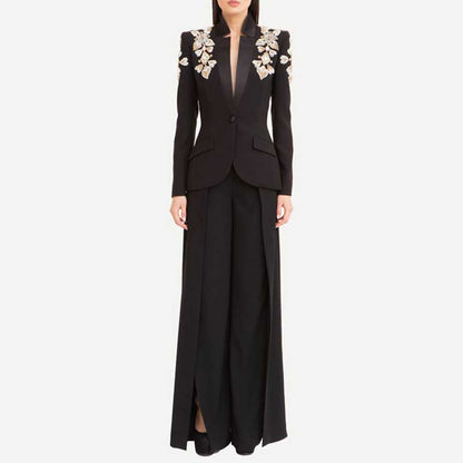 Single-Breasted Diamond Blazer Split Bell Pants Set Black Pantsuit